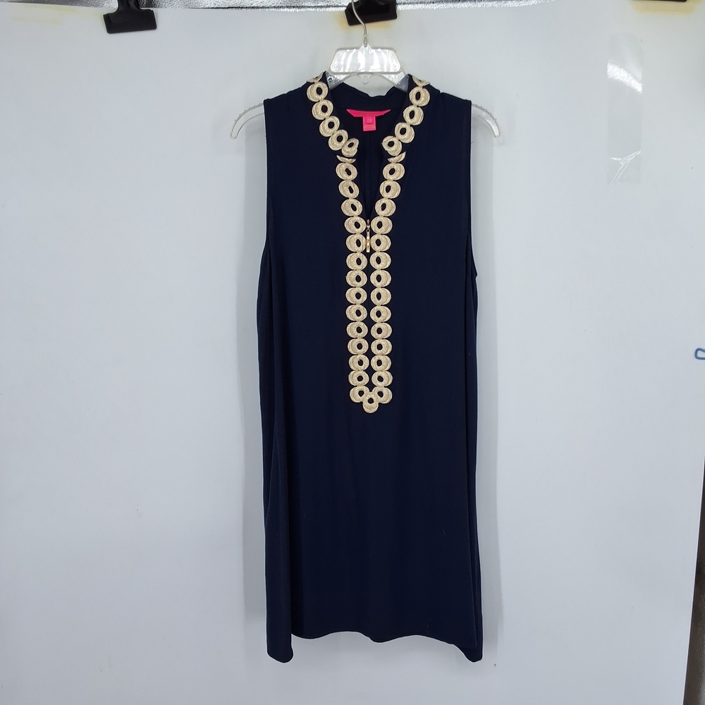 Lilly Pulitzer Sz 10 Jane Navy Shift Dress with Gold Circular Embroidery